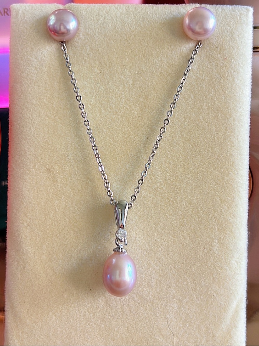 LavenderTeardrop Pearl Drop Necklace Set with Studs | 925 Silver Chain